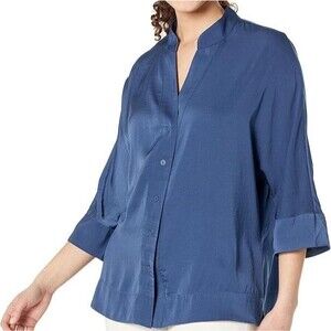 NIC+ZOE Soft Drape Town Shirt Band Collar Dolman Sleeve Blue S Business Casual